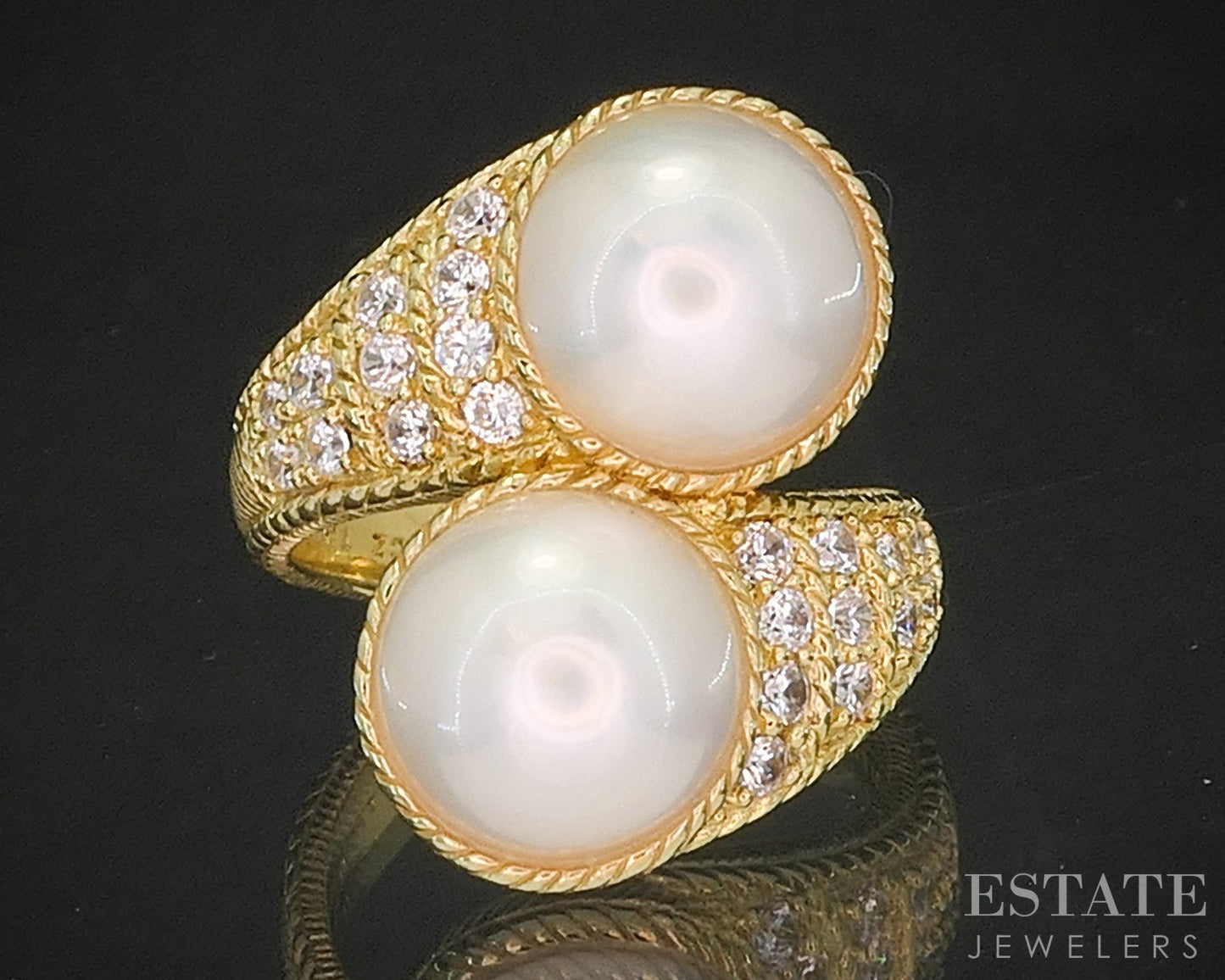 Sterling Silver Judith Ripka Mabe Pearl & CZ Ladies Bypass Ring 13.7g p17279