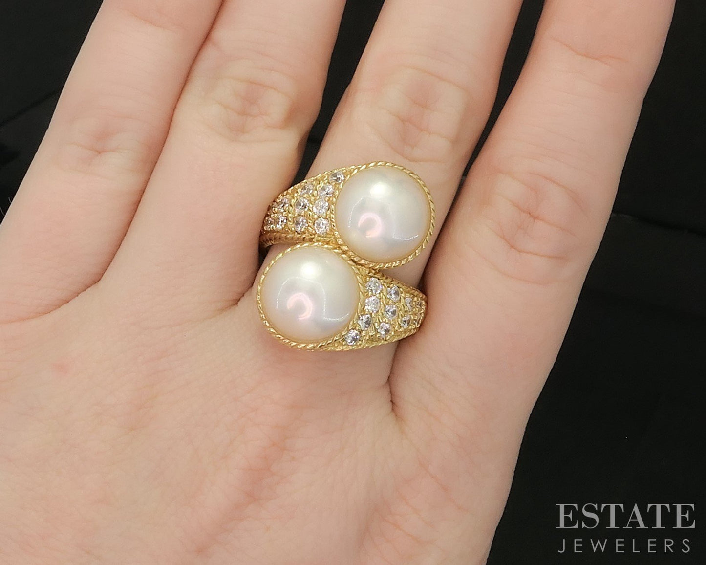 Sterling Silver Judith Ripka Mabe Pearl & CZ Ladies Bypass Ring 13.7g p17279