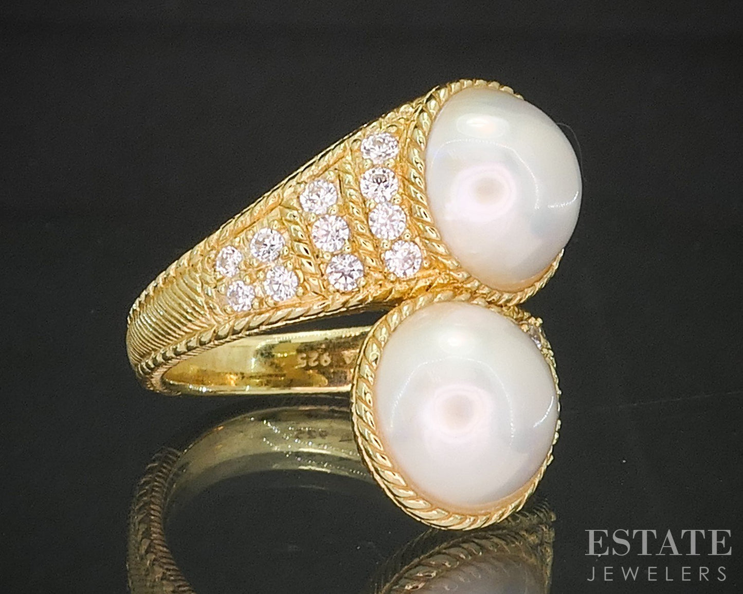 Sterling Silver Judith Ripka Mabe Pearl & CZ Ladies Bypass Ring 13.7g p17279