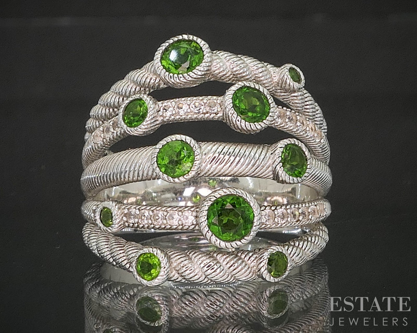 Sterling Silver Judith Ripka Green Diopside & CZ Cable Band Ring 9g p17281