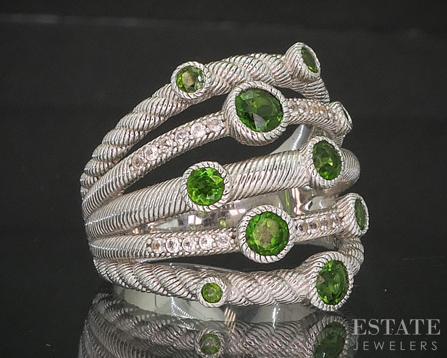 Sterling Silver Judith Ripka Green Diopside & CZ Cable Band Ring 9g p17281
