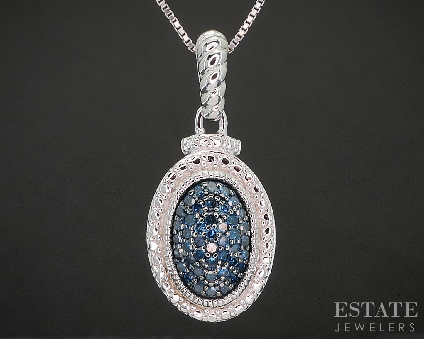 Sterling Silver Natural Blue Diamond Cluster Ladies Necklace 4.3g 18"L p17306