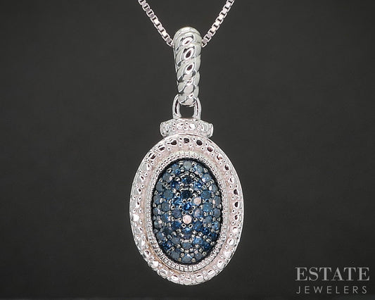 Sterling Silver Natural Blue Diamond Cluster Ladies Necklace 4.3g 18"L p17306