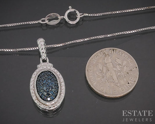 Sterling Silver Natural Blue Diamond Cluster Ladies Necklace 4.3g 18"L p17306