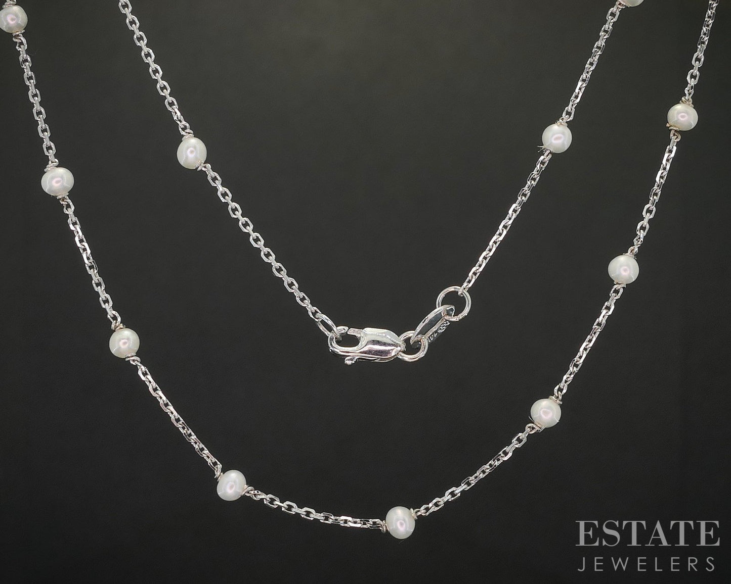 14k White Gold 2.6mm Seed Pearl Ladies Station Necklace 2.1g 17.5"L p17246b