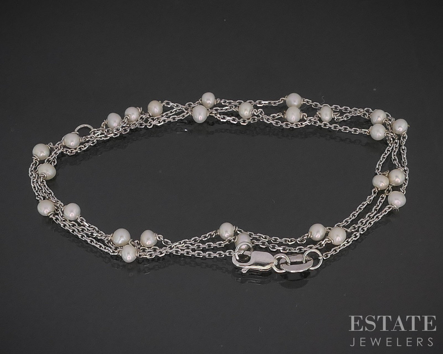 14k White Gold 2.6mm Seed Pearl Ladies Station Necklace 2.1g 17.5"L p17246b