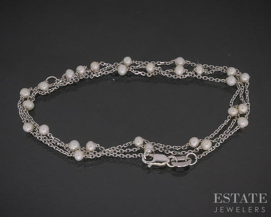 14k White Gold 2.6mm Seed Pearl Ladies Station Necklace 2.1g 17.5"L p17246b