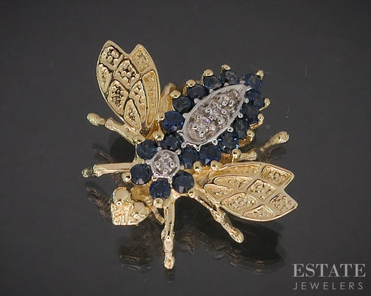 14k Yellow Gold Natural Blue Sapphire & Diamond Bee Bug Pin Brooch 3.3g p17241b