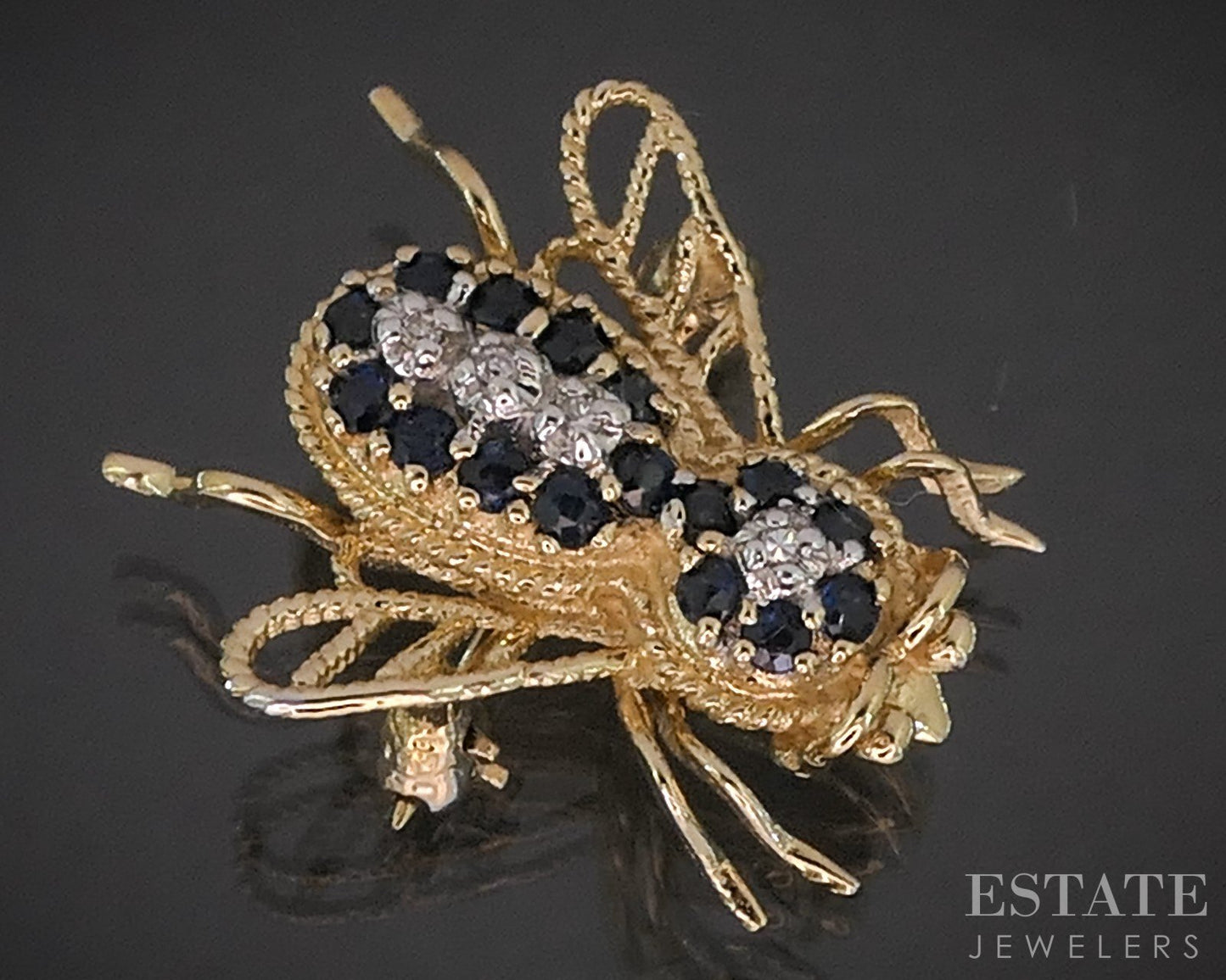 14k Yellow Gold Natural Blue Sapphire & Diamond Bee Bug Pin Brooch 3.3g p17241b