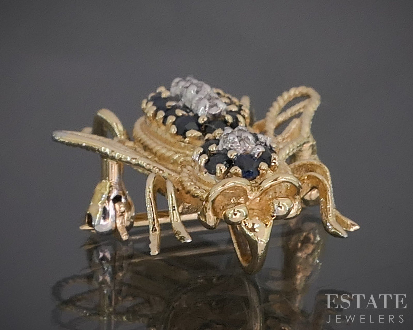 14k Yellow Gold Natural Blue Sapphire & Diamond Bee Bug Pin Brooch 3.3g p17241b