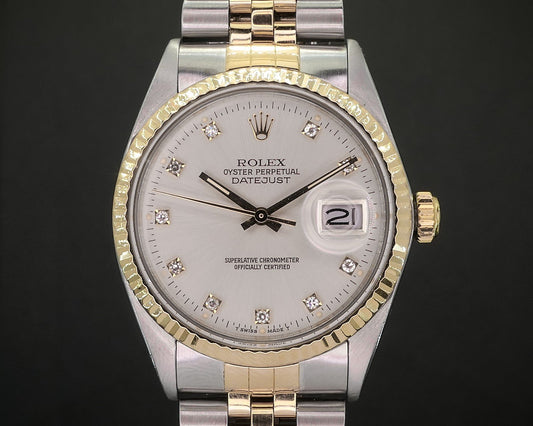 1987 Rolex Datejust 16013 Two Tone Silver Factory Diamond 36mm Watch i19620