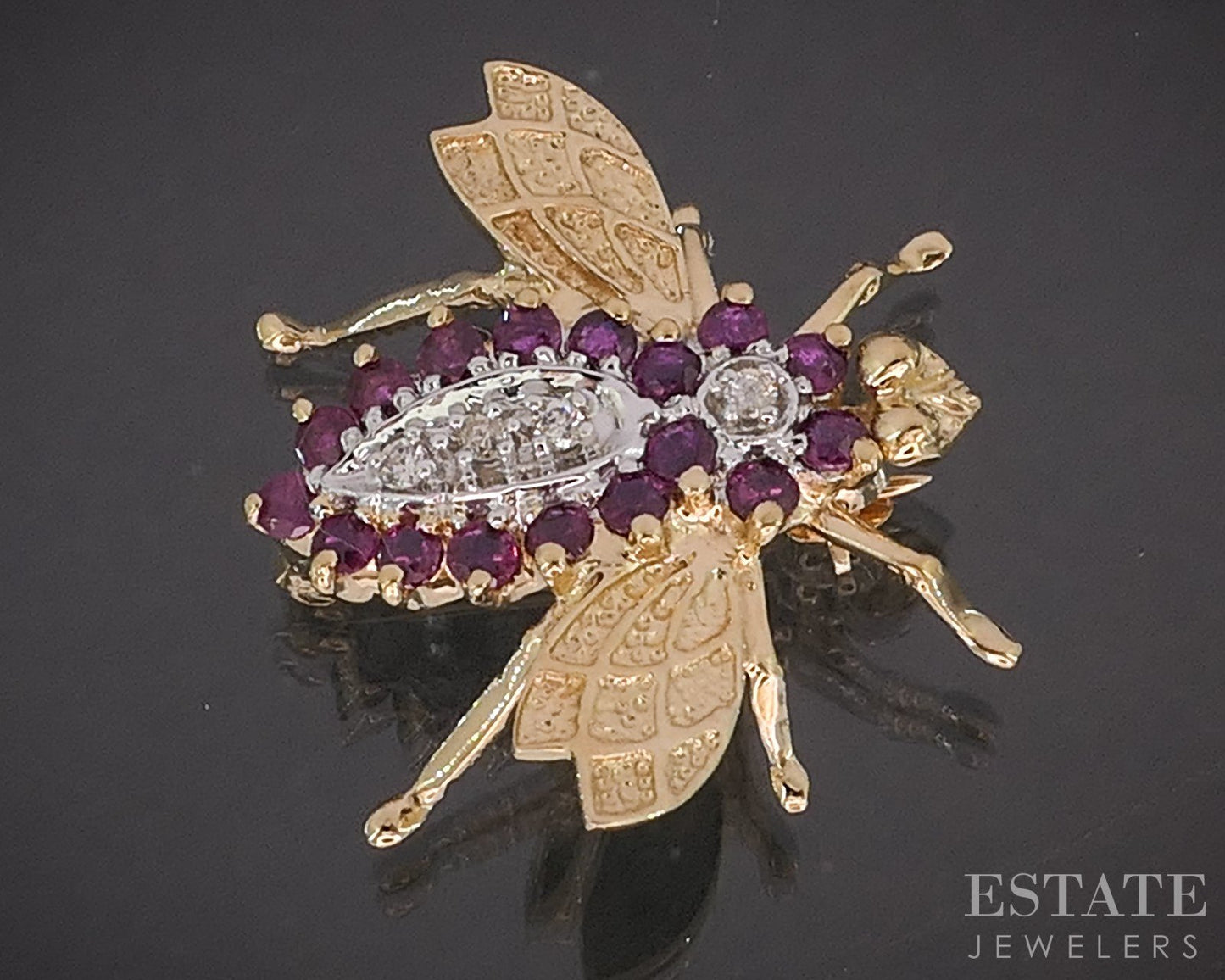 14k Yellow Gold Natural Ruby & Diamond Bee Bug Pin Brooch 3.3g p16757b