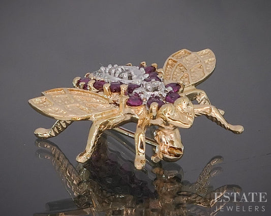 14k Yellow Gold Natural Ruby & Diamond Bee Bug Pin Brooch 3.3g p16757b