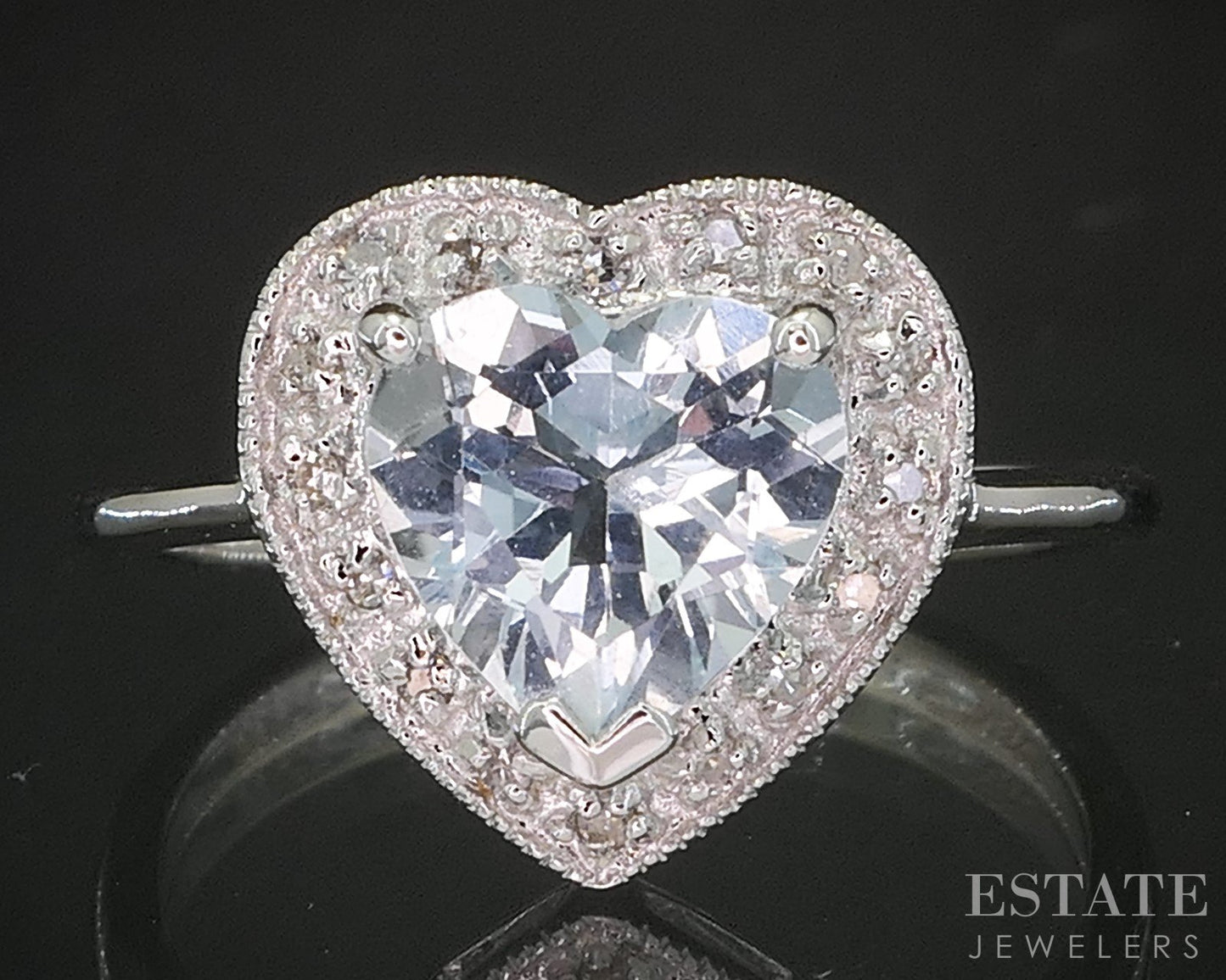 14k White Gold Heart Natural Aquamarine & Diamond Ladies Ring 2.8g p17227b
