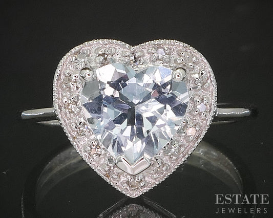 14k White Gold Heart Natural Aquamarine & Diamond Ladies Ring 2.8g p17227b