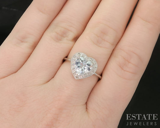 14k White Gold Heart Natural Aquamarine & Diamond Ladies Ring 2.8g p17227b