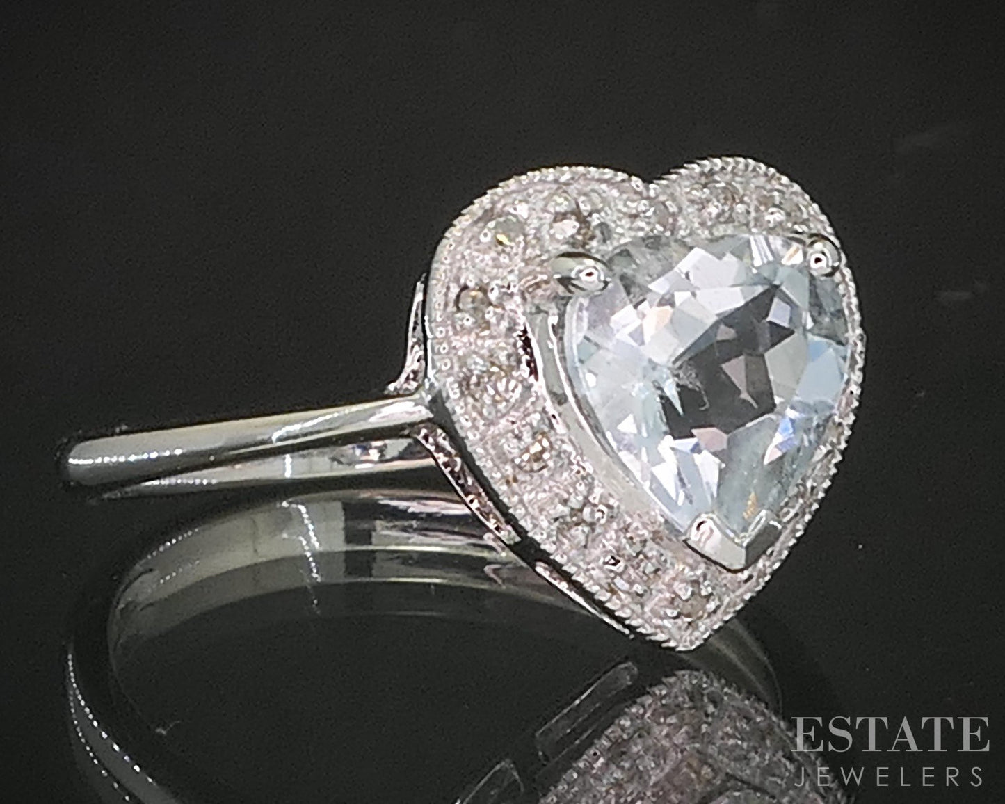 14k White Gold Heart Natural Aquamarine & Diamond Ladies Ring 2.8g p17227b