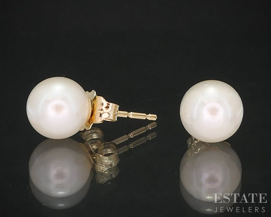 14k Yellow Gold 7mm Akoya Pearl Stud Ladies Earrings p17231b