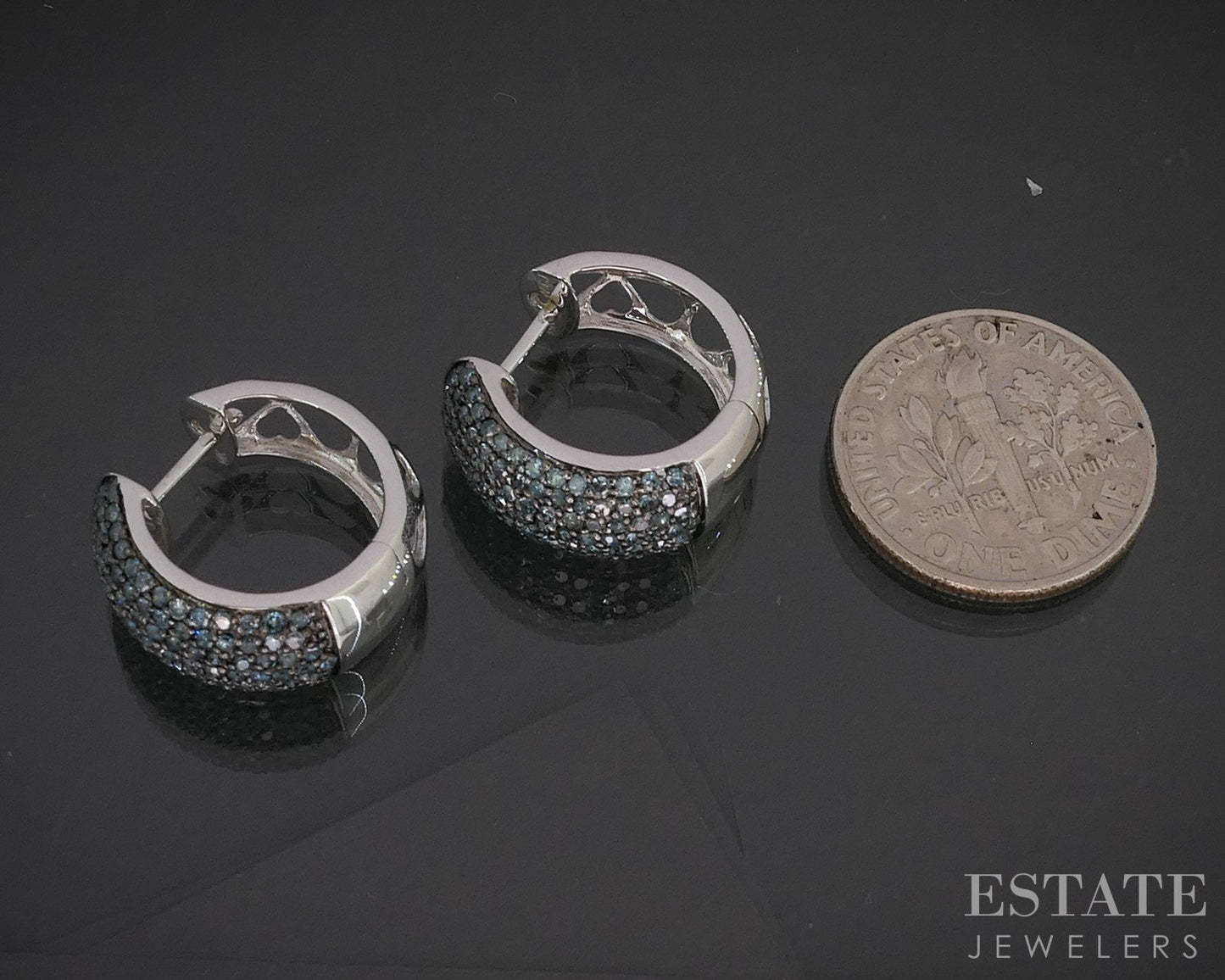 14k White Gold Natural .50ctw Blue Diamond Hinged Hoop Earrings 4.1g p17237b