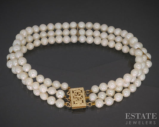 14k Yellow Gold 5mm Freshwater Pearl Multi Strand Bracelet 8.5"L p17235b