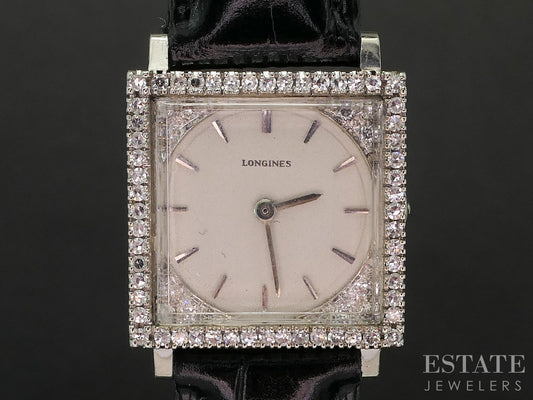 Vintage 1966 14k White Gold Longines Pave Natural .35ctw Diamond Watch p17564