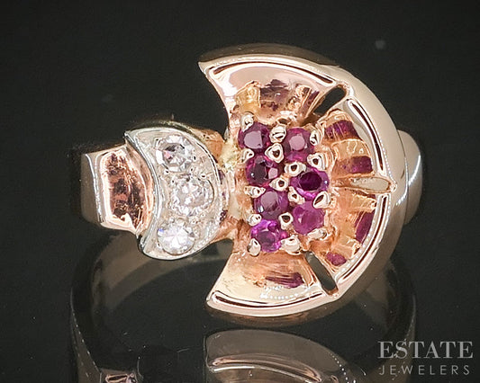 Vintage 14k Rose & White Gold Natural Ruby & Diamond Band Ring 6.3g p17565