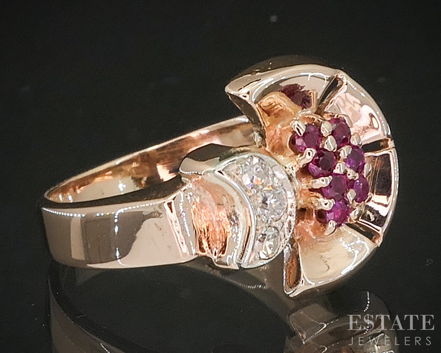 Vintage 14k Rose & White Gold Natural Ruby & Diamond Band Ring 6.3g p17565