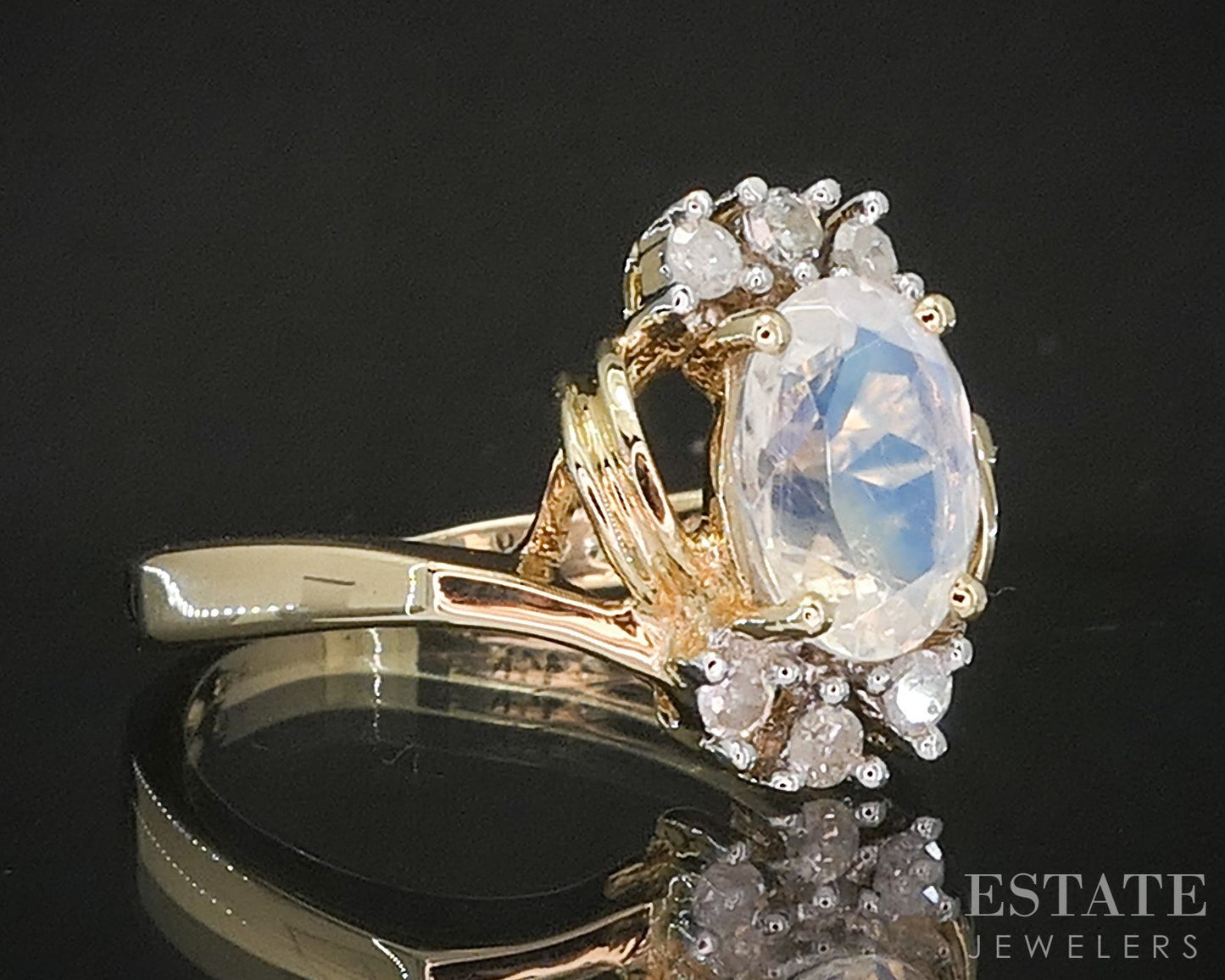 14k Yellow Gold Natural Moonstone & Diamond Ladies Ring 2.7g p17562