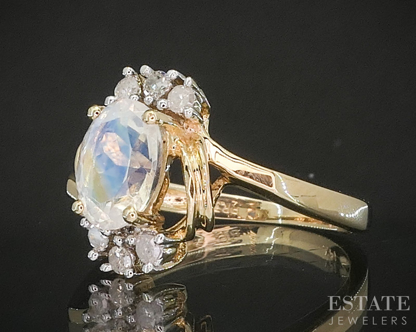 14k Yellow Gold Natural Moonstone & Diamond Ladies Ring 2.7g p17562