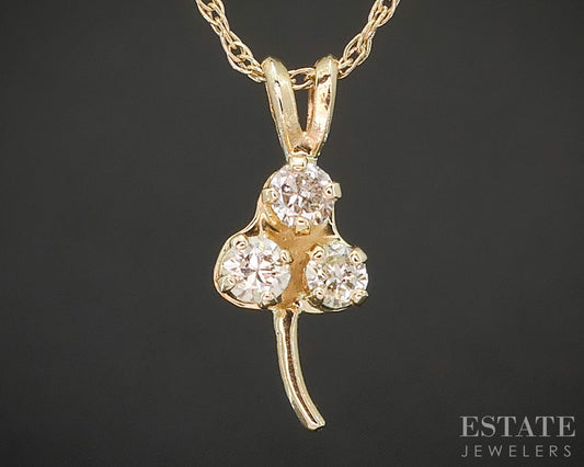 14k Yellow Gold Natural .12ct Diamond 3-Leaf Clover Necklace 1.4g 16"L p17572
