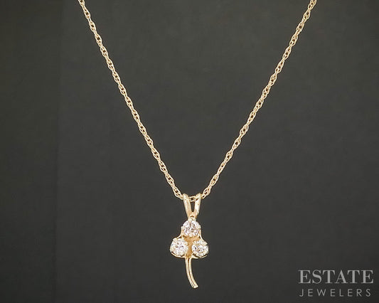 14k Yellow Gold Natural .12ct Diamond 3-Leaf Clover Necklace 1.4g 16"L p17572