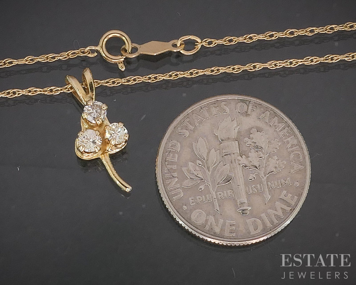 14k Yellow Gold Natural .12ct Diamond 3-Leaf Clover Necklace 1.4g 16"L p17572