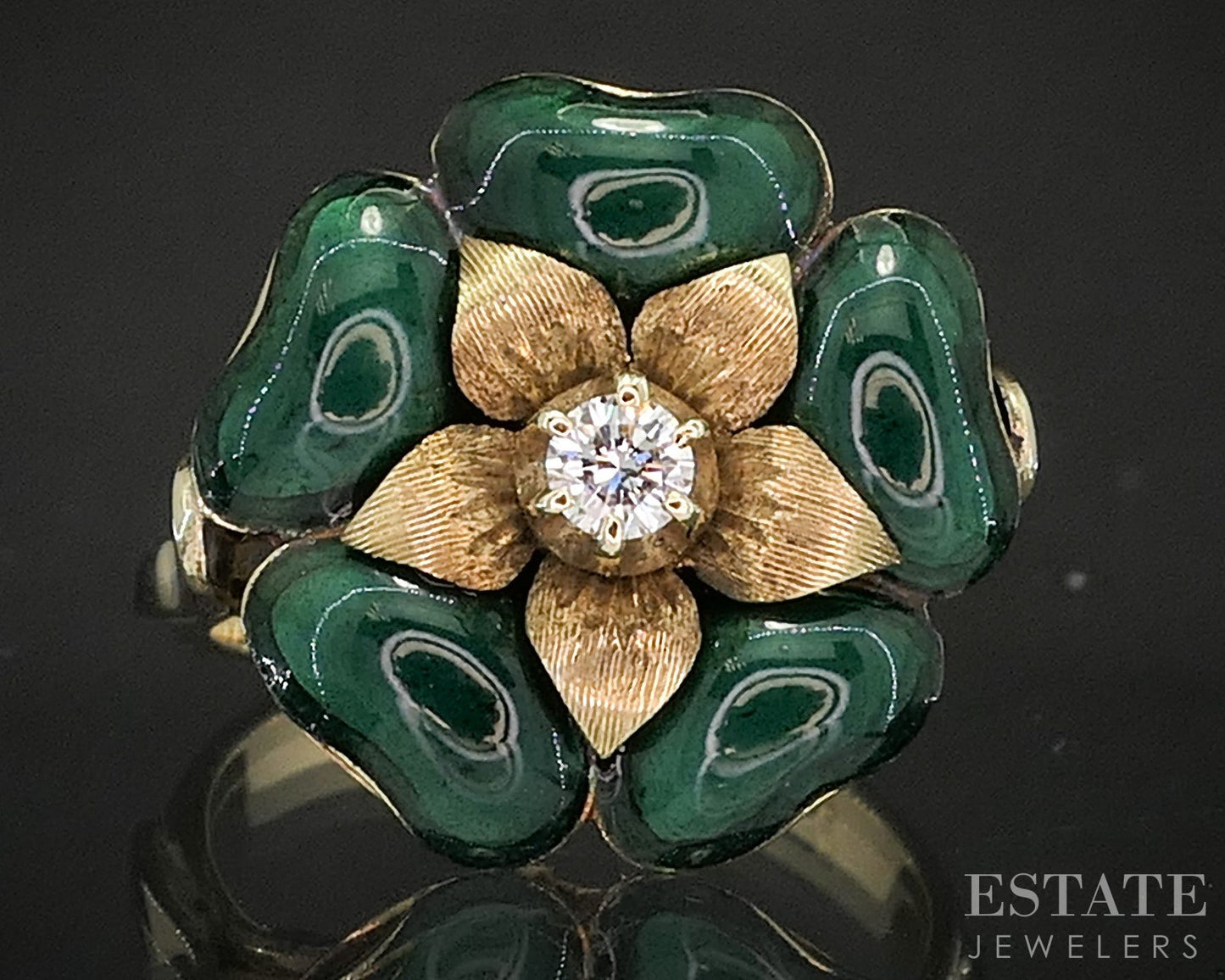 Vintage 14k Yellow Gold Natural Diamond Enameled Flower Ring 5.1g p17569
