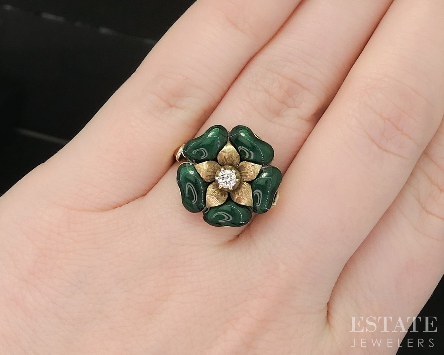 Vintage 14k Yellow Gold Natural Diamond Enameled Flower Ring 5.1g p17569