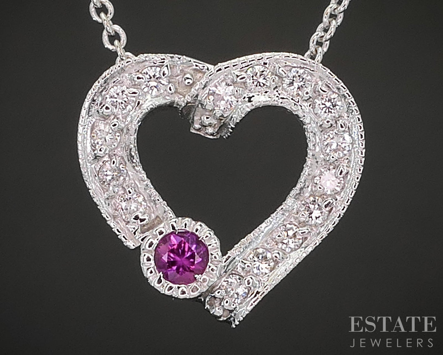 14k White Gold Natural Diamond & Ruby Heart Ladies Necklace 3.1g p17527