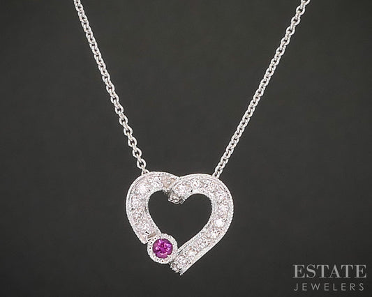 14k White Gold Natural Diamond & Ruby Heart Ladies Necklace 3.1g p17527