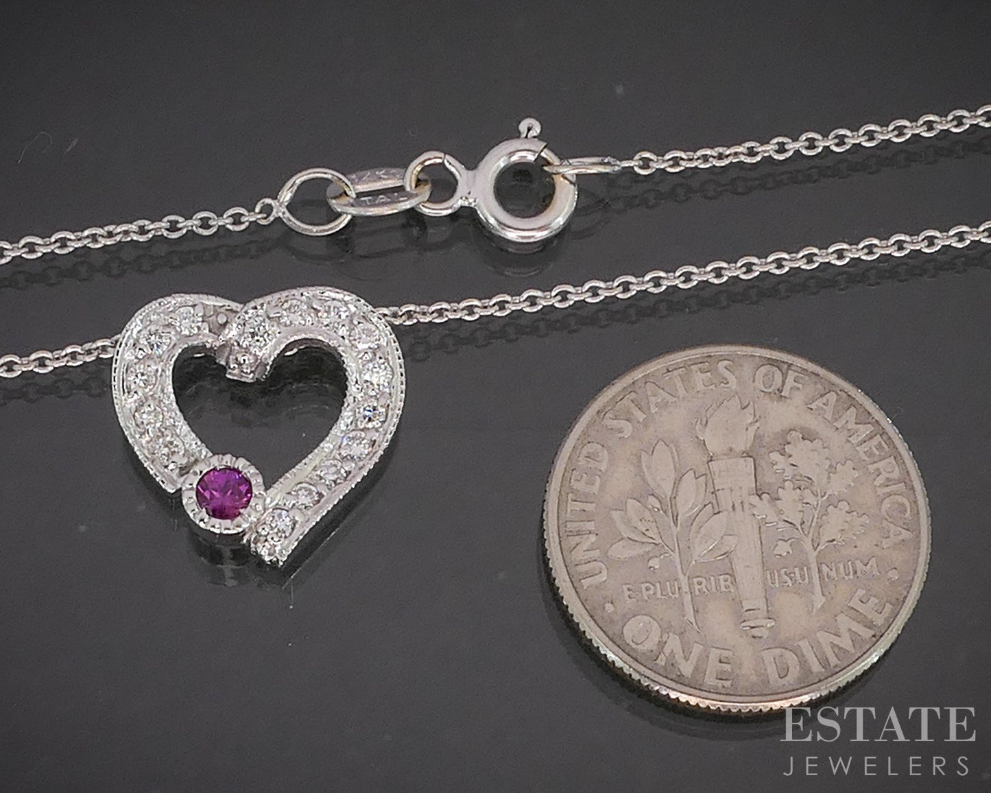 14k White Gold Natural Diamond & Ruby Heart Ladies Necklace 3.1g p17527