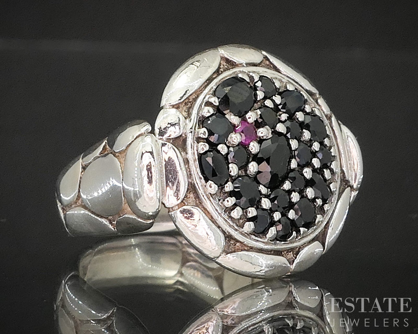 Sterling John Hardy Lavafire Black Sapphire & Ruby Kali Pebble Ring 11.4g p17367