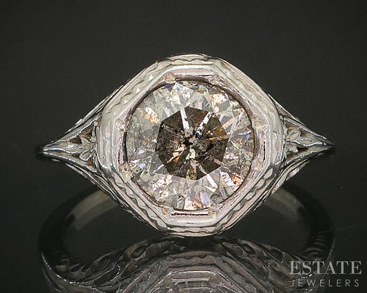 Antique 14k White Gold Natural 1.75ct Diamond Salt & Pepper Filigree Ring p17538