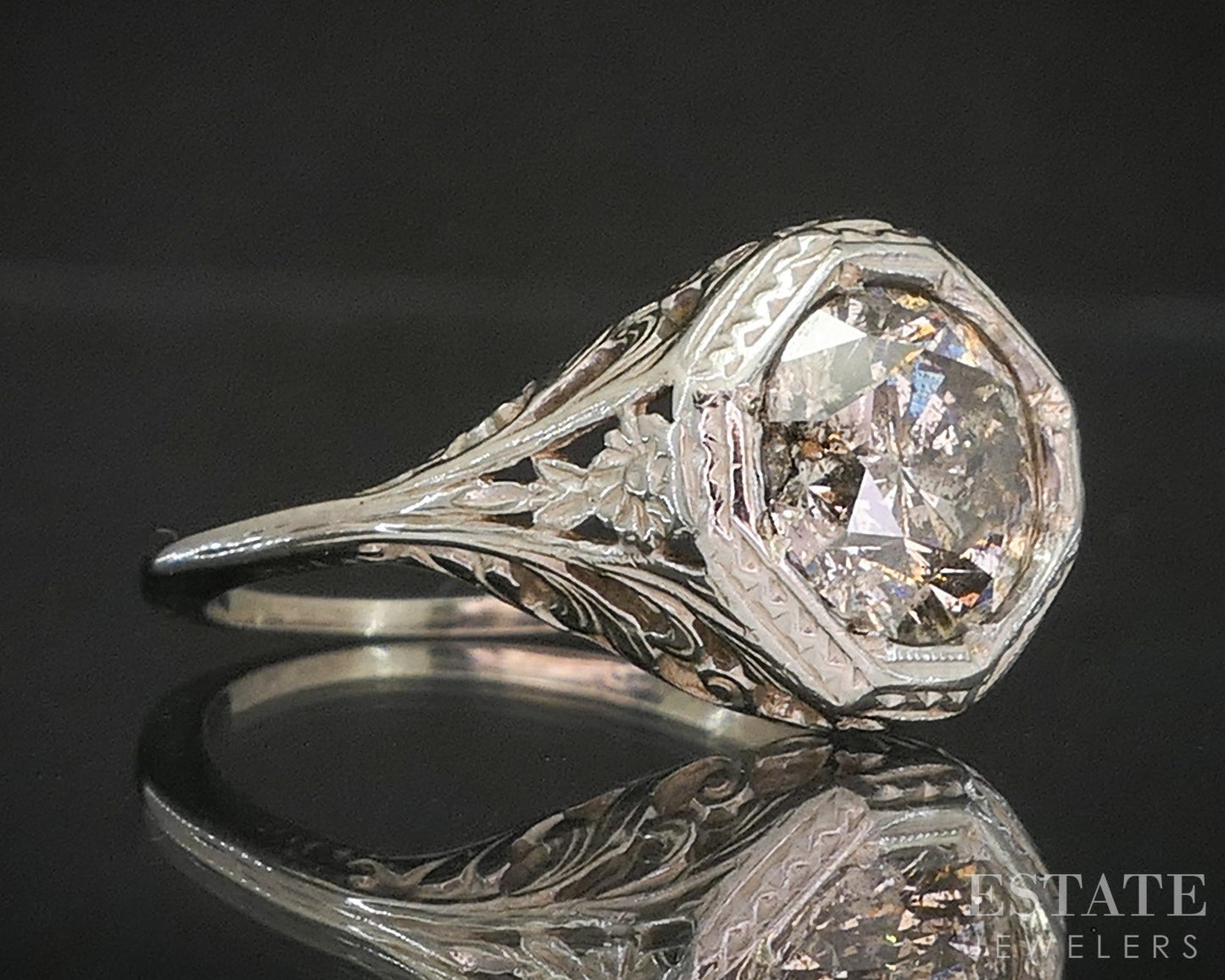 Antique 14k White Gold Natural 1.75ct Diamond Salt & Pepper Filigree Ring p17538