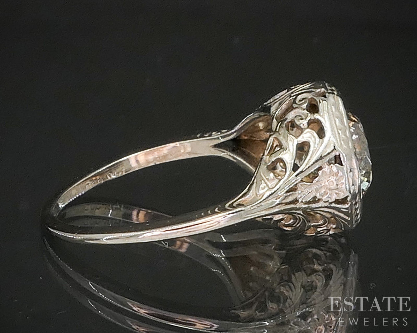 Antique 14k White Gold Natural 1.75ct Diamond Salt & Pepper Filigree Ring p17538