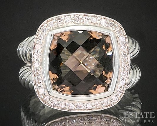 Sterling Silver David Yurman 10mm Smoky Quartz & Diamond Albion Ring 9g p17170