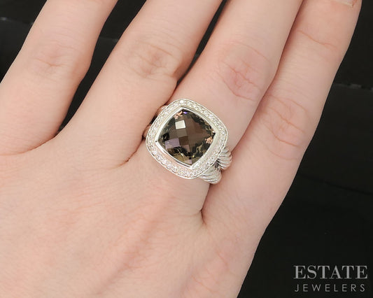 Sterling Silver David Yurman 10mm Smoky Quartz & Diamond Albion Ring 9g p17170