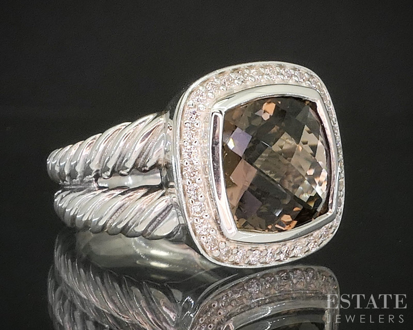 Sterling Silver David Yurman 10mm Smoky Quartz & Diamond Albion Ring 9g p17170