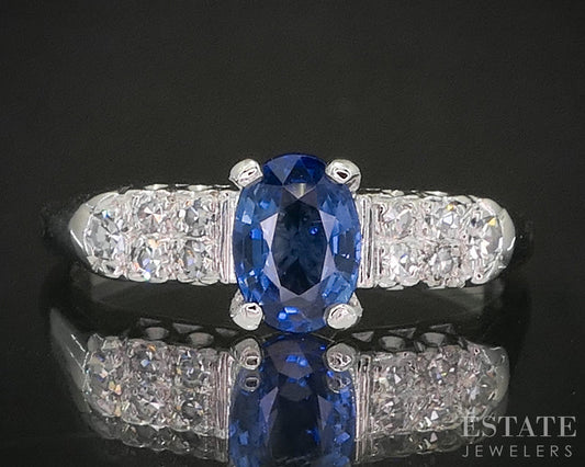 Vintage Platinum Oval Natural Blue Sapphire & Diamond Engagement Ring p17163