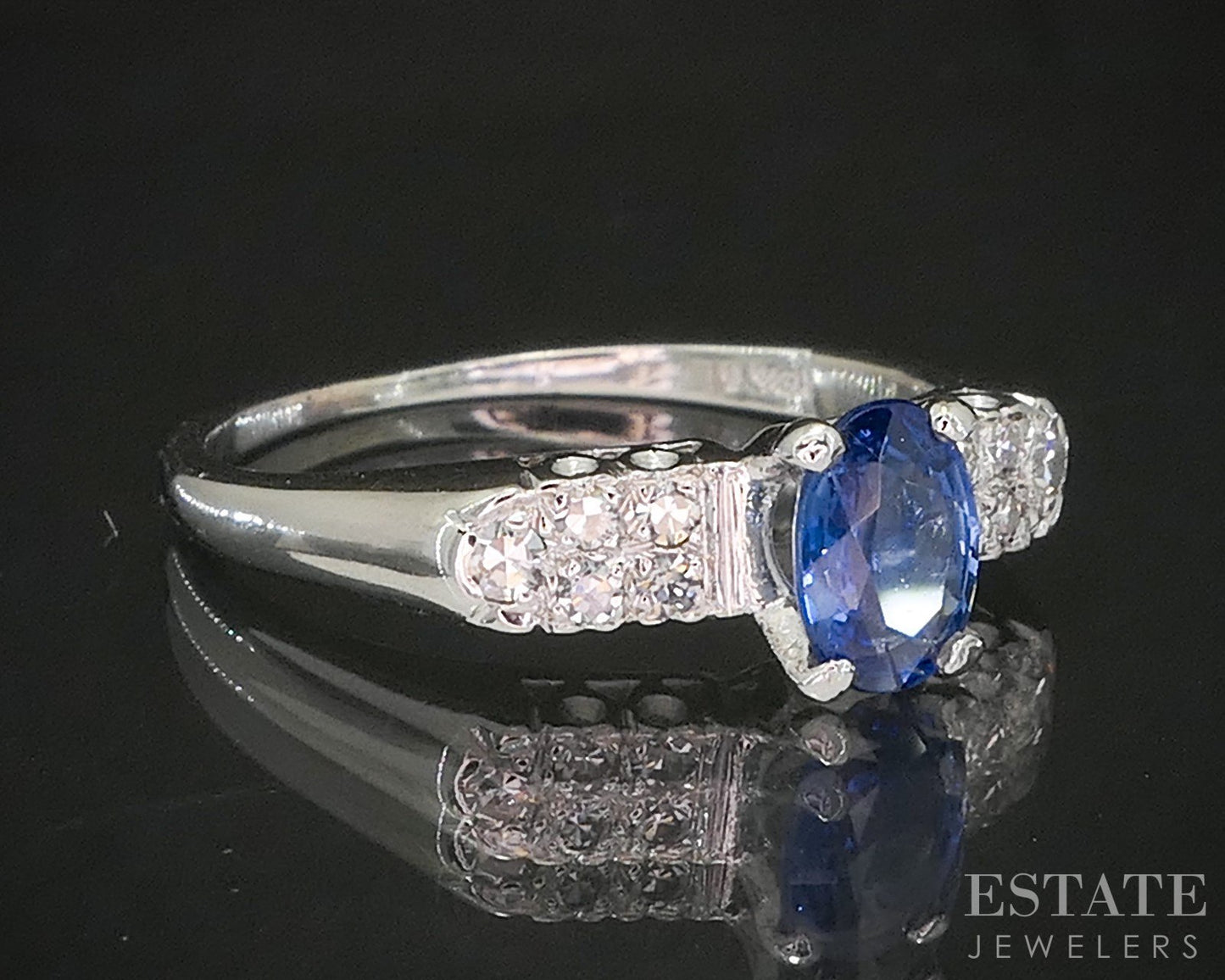 Vintage Platinum Oval Natural Blue Sapphire & Diamond Engagement Ring p17163
