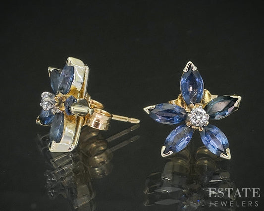 14k Yellow Gold Natural Blue Sapphire & Diamond Flower Stud Earrings 2.6g p17173