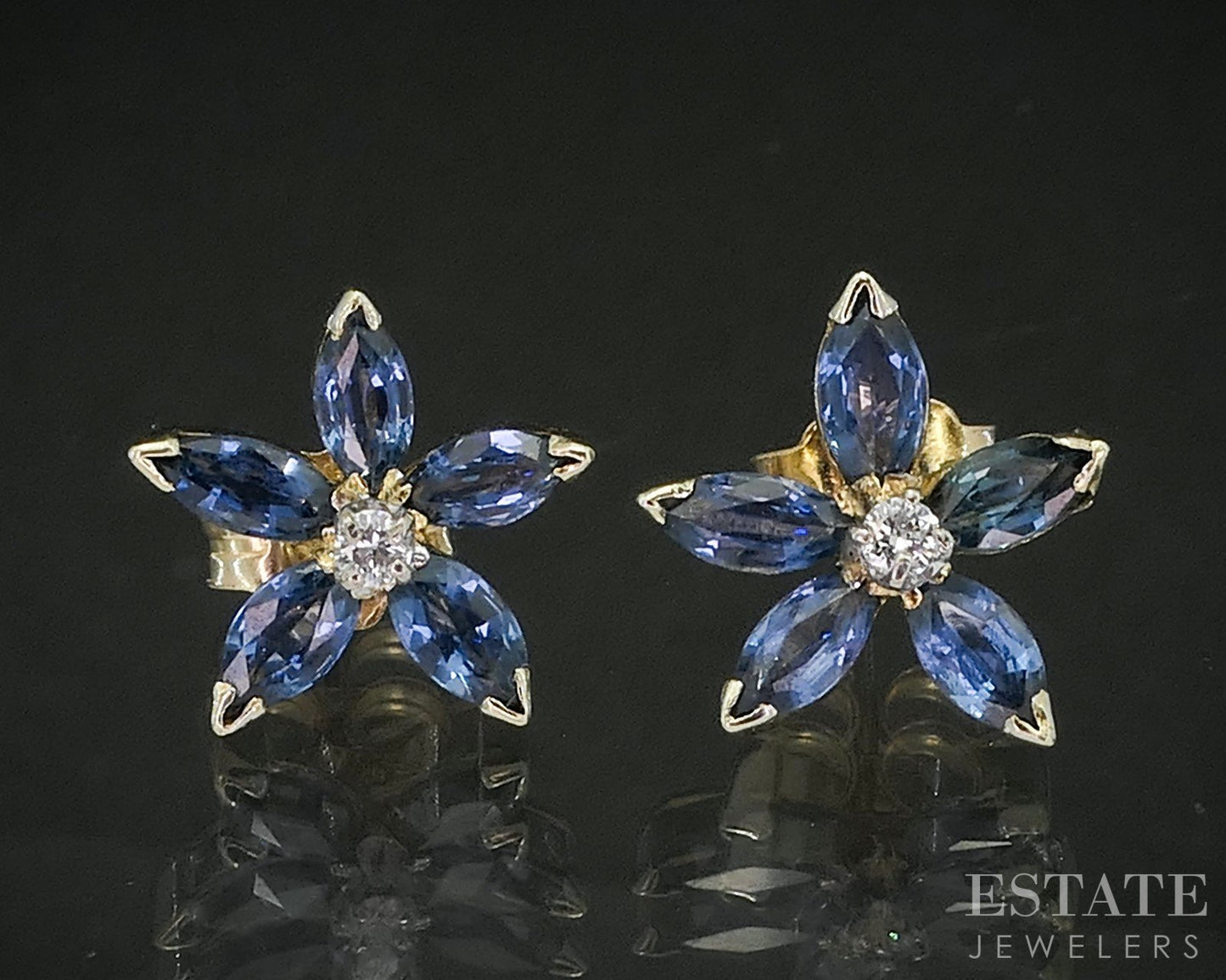 14k Yellow Gold Natural Blue Sapphire & Diamond Flower Stud Earrings 2.6g p17173