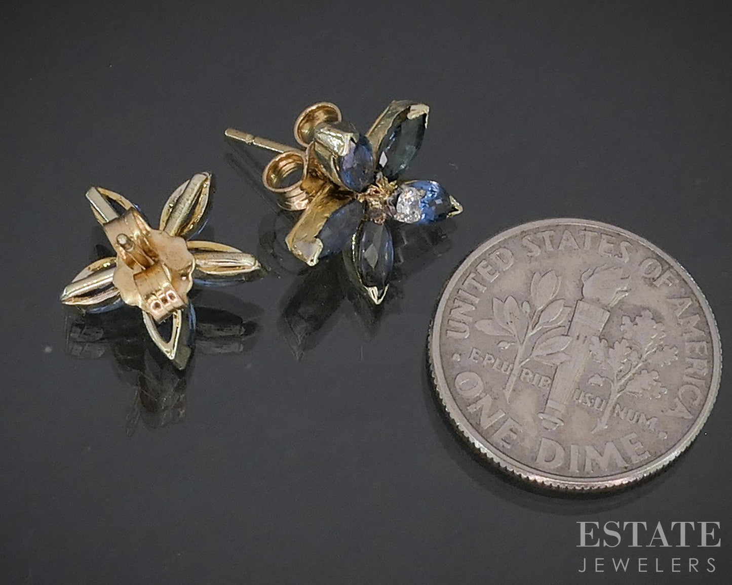 14k Yellow Gold Natural Blue Sapphire & Diamond Flower Stud Earrings 2.6g p17173