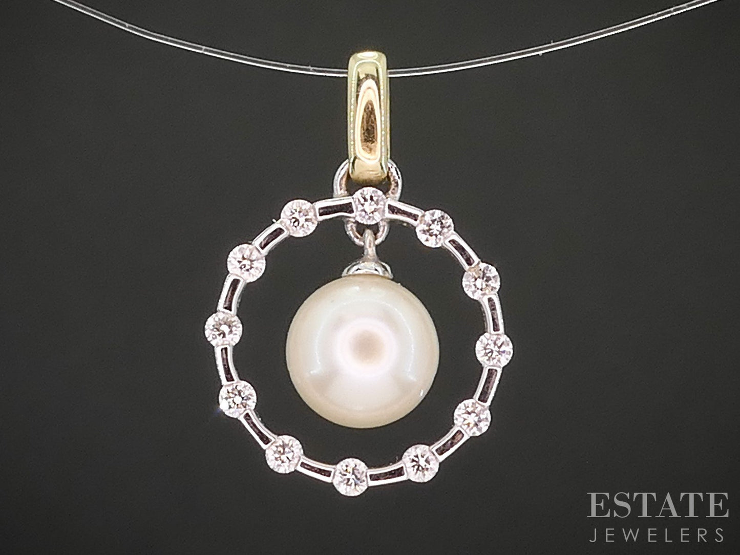 14k Two Tone Gold 6.4mm Cultured Pearl Diamond Circle Charm Pendant 1.2g p18072b